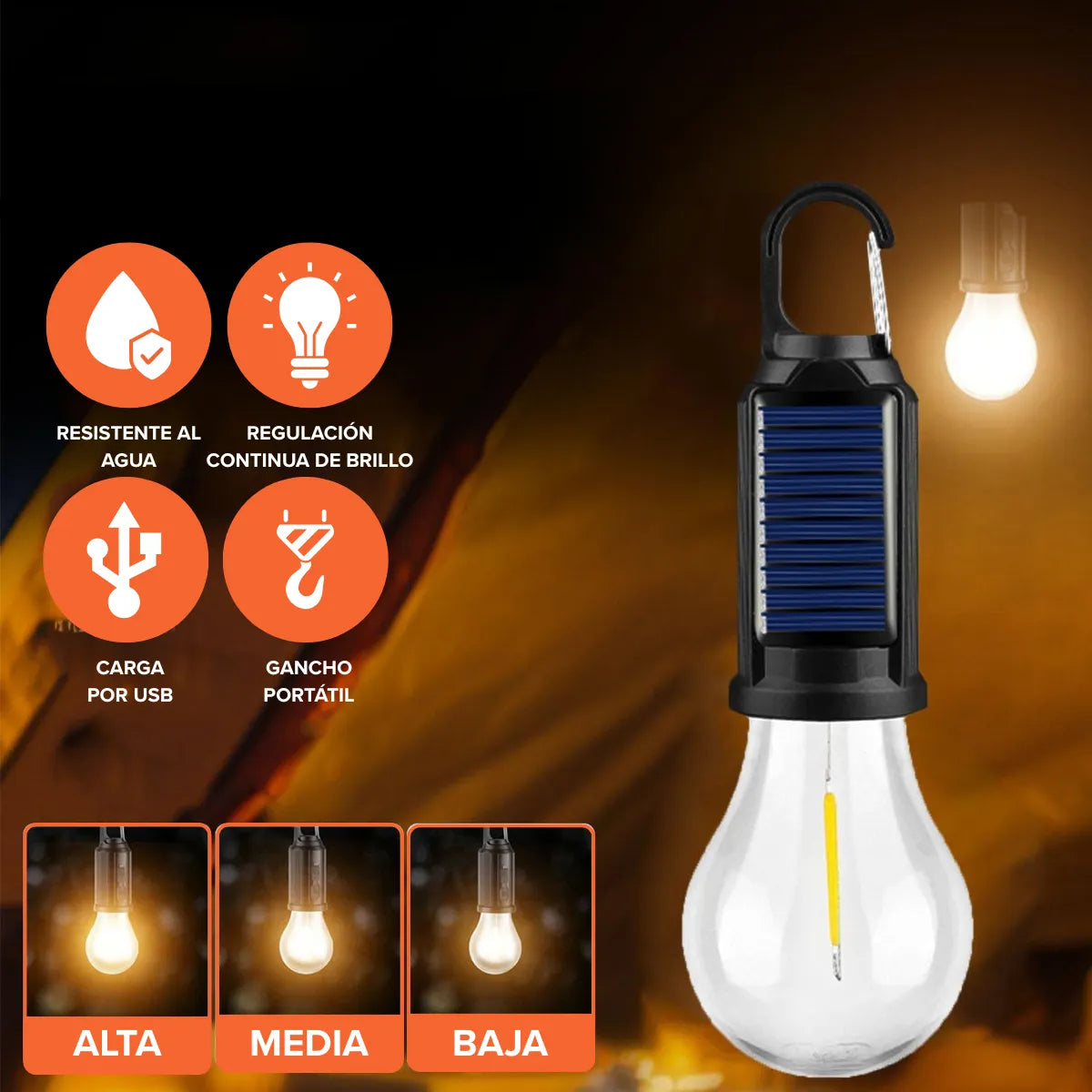 Lampara Bombita Recargable Solar Camping Exterior Impermeabl