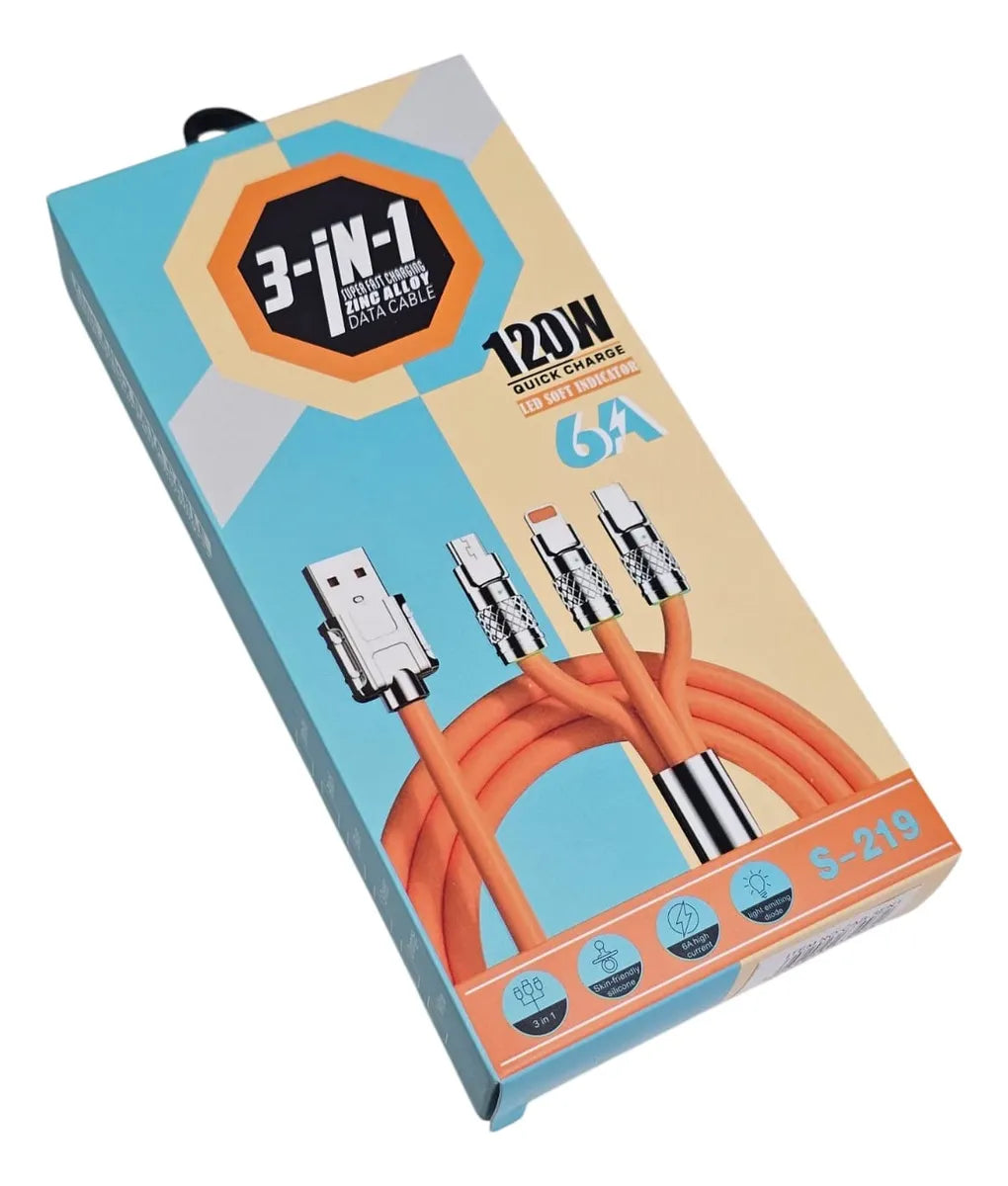 Cable Carga Rapida Usb 3 En 1 120w Usb A V8/tipo C/lighning