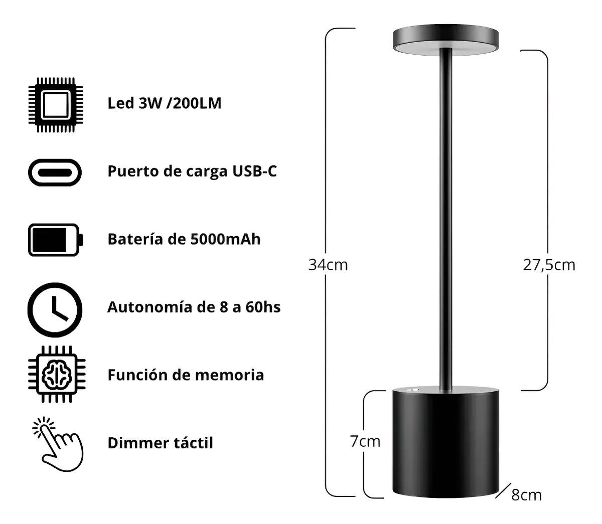 Lampara De Mesa Luz Led Tactil Recargable Usb