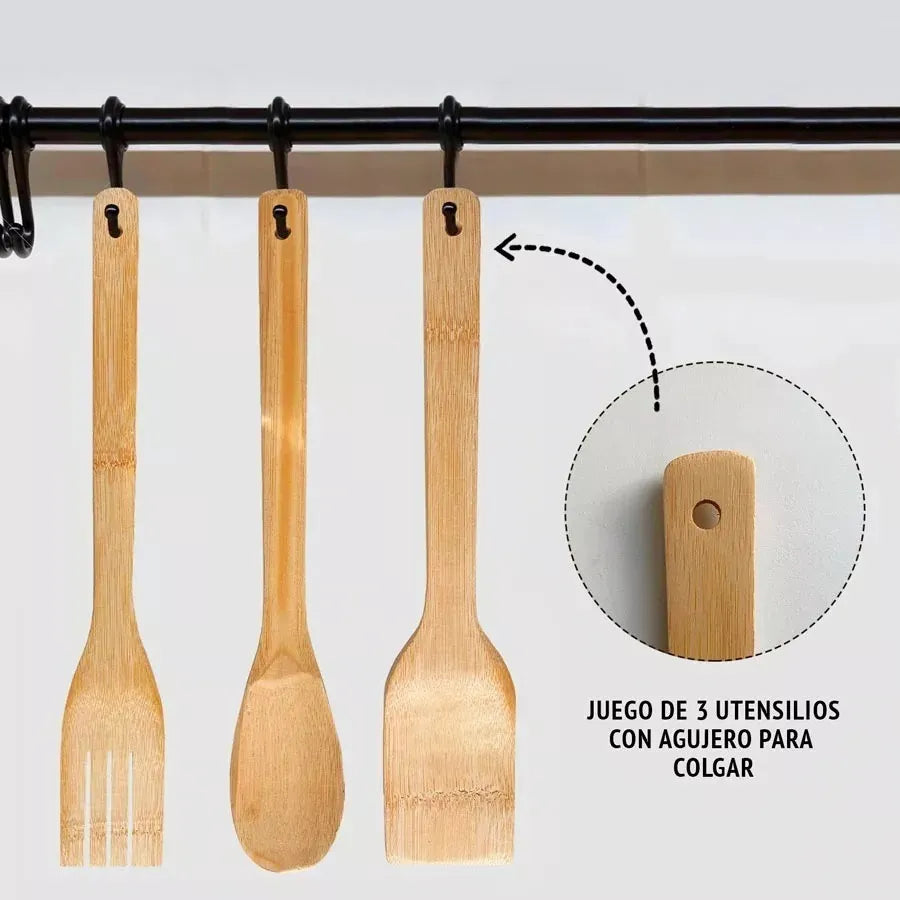 Juego X3 Utensilios Cucharas De Bamboo Para Cocina