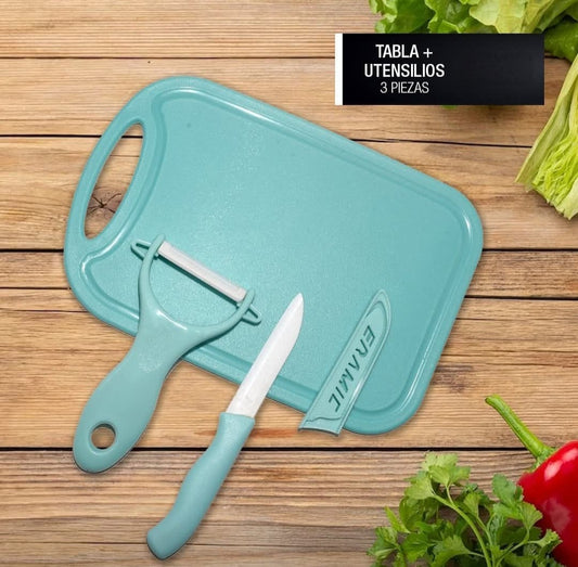 cuchillo de cocina con pelapapa y tabla