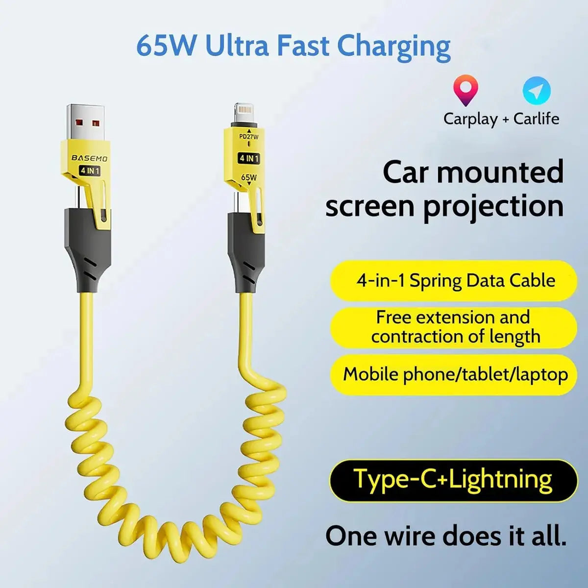 Cable Espiral 4 En 1 Usb A Type C Y Lightning 65w