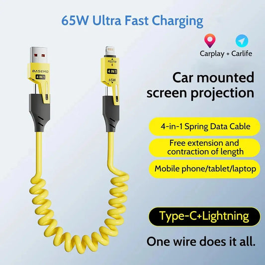 Cable Espiral 4 En 1 Usb A Type C Y Lightning 65w