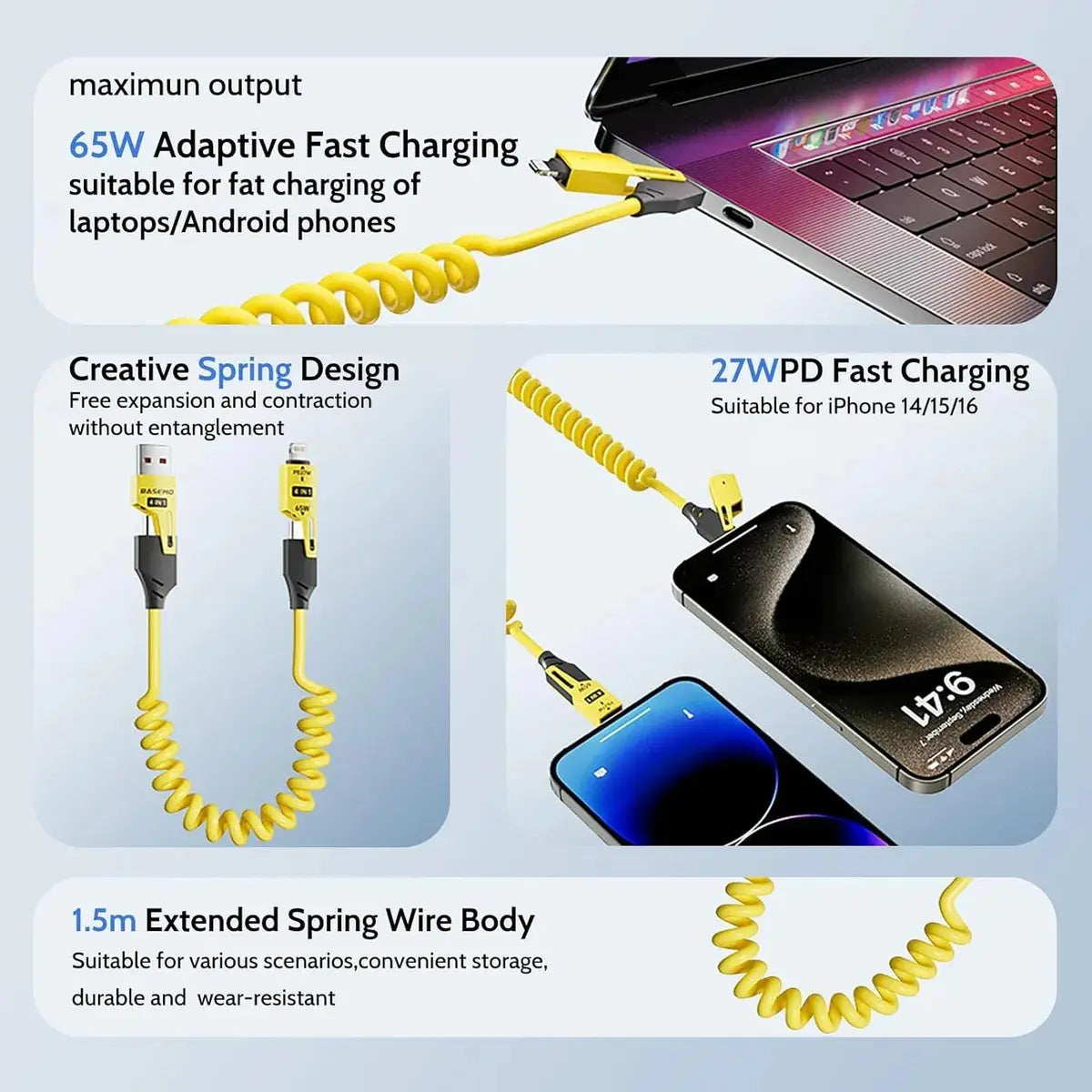Cable Espiral 4 En 1 Usb A Type C Y Lightning 65w