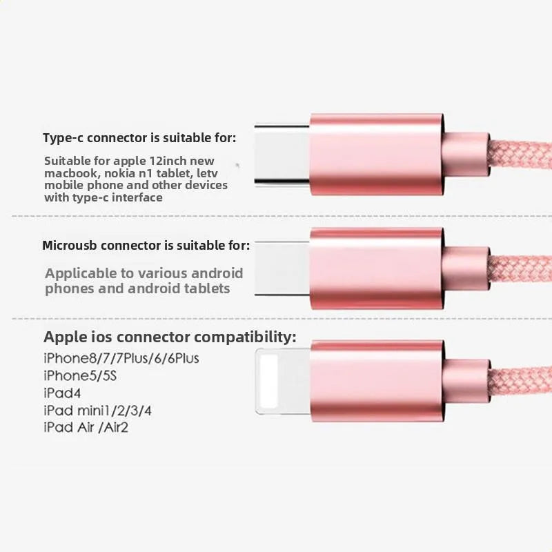Cable De Carga Usb Universal 3 En 1 Trenzado De Nylon