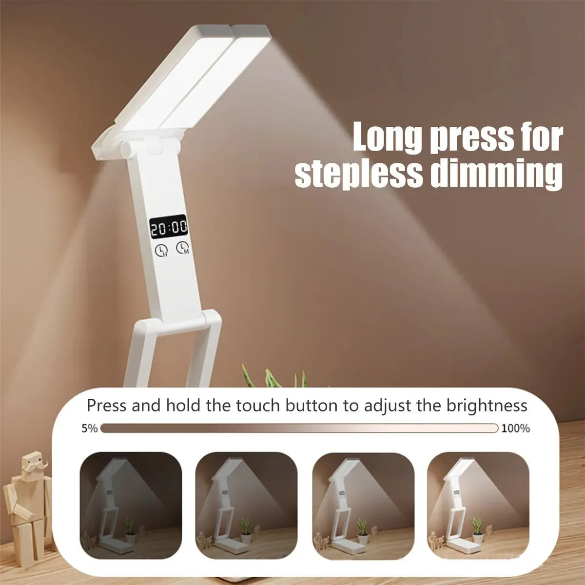 Lampara Portátil Reloj Escritorio Plegable Mesa Luz Lectura