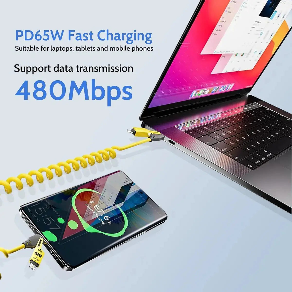 Cable Espiral 4 En 1 Usb A Type C Y Lightning 65w