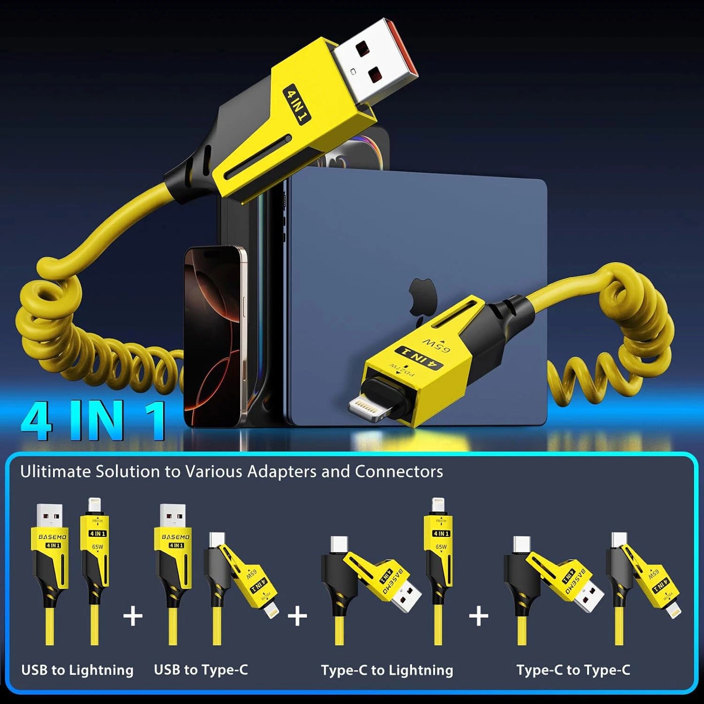 Cable Espiral 4 En 1 Usb A Type C Y Lightning 65w