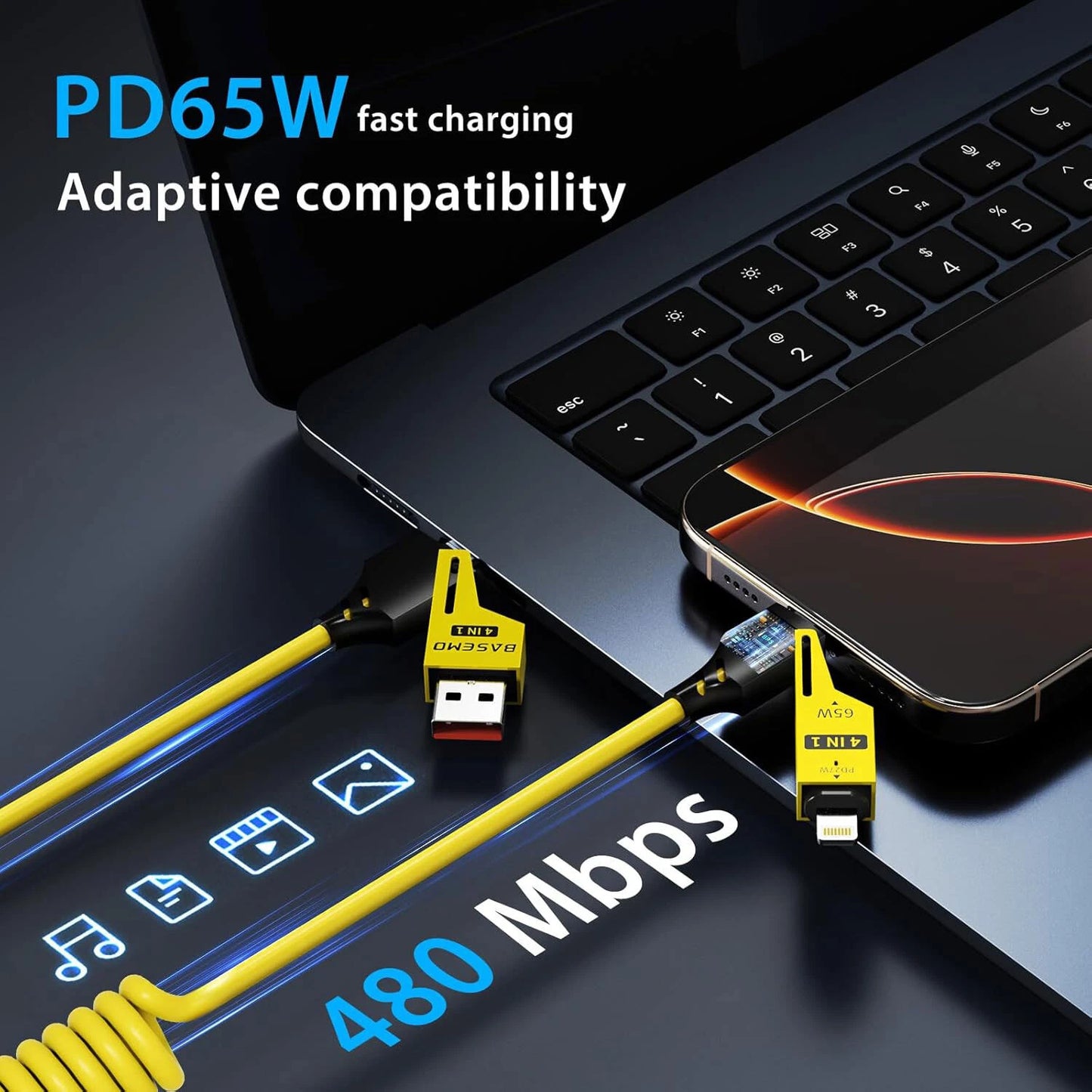 Cable Espiral 4 En 1 Usb A Type C Y Lightning 65w